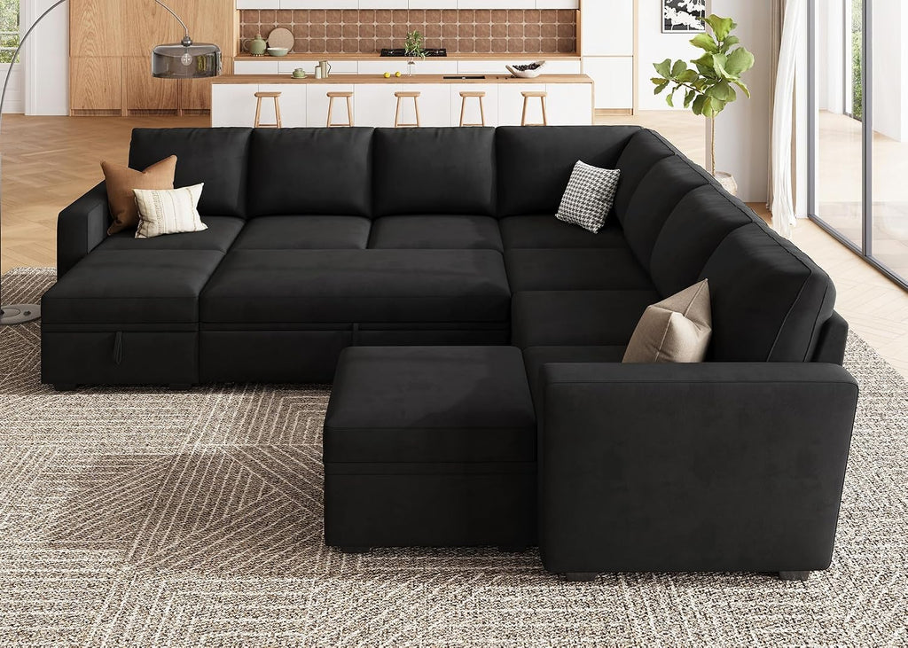 HONBAY Modular Sectional Sleeper Sofa with Pull Out Couch, Oversized U Shaped Sleeper Pull Out Bed with Storage Sectional Couches for Living Room - Black