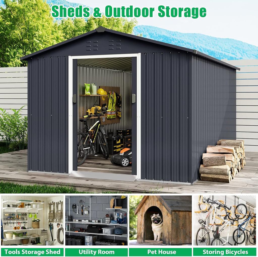 8x12 ft Outdoor Metal Storage Shed with Lockable Sliding Door & Sloping Roof, Galvanized Steel Frame Waterproof Garden Tool Shed for Backyard, Garden, Lawn - Ventilated Backyard Metal Sheds, Gray