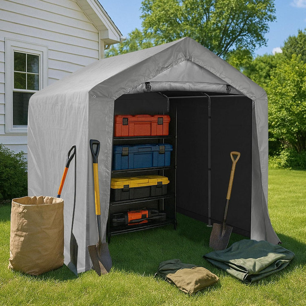 VINGLI Outdoor Portable Storage Shed, Heavy Duty Bike Tent with Roll-up Zipper Door, Waterproof and UV Resistent Carport for Motorcycle, Garden Tools and Firewood (8x8x6.7ft)