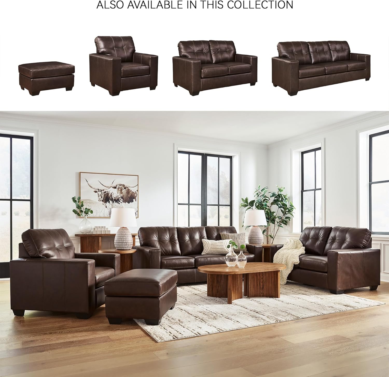 Signature Design by Ashley Santorine Classic Leather Match Tufted Sofa Sleeper with Bi-Fold Memory Foam Mattress, Queen, Dark Brown