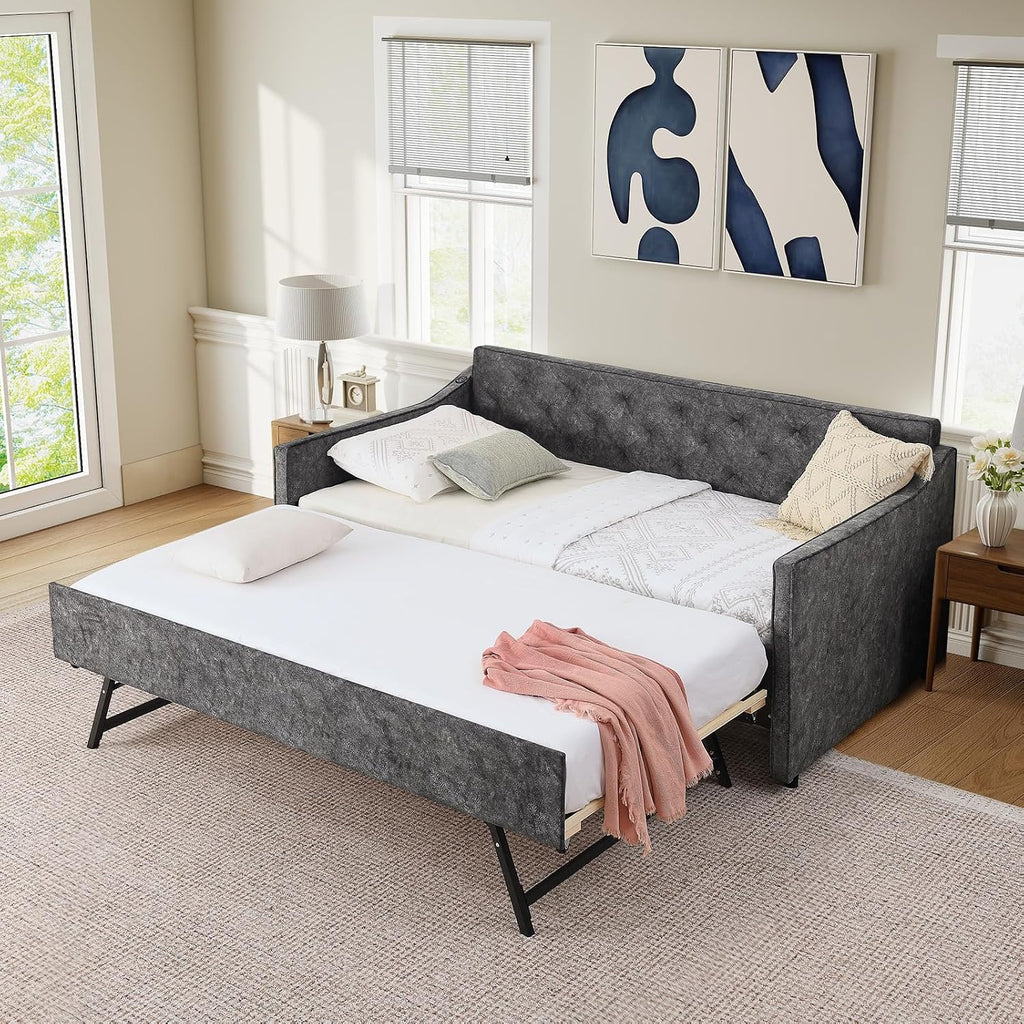 Antetek Daybed with Pop up Trundle, Fabric Upholstered Twin Size Day Bed Pull-Point Sofa Daybed Frame w/Twin Roll-Out Trundle/USB Port, Furniture for Bedroom, Living Room, Guest Room, Grey