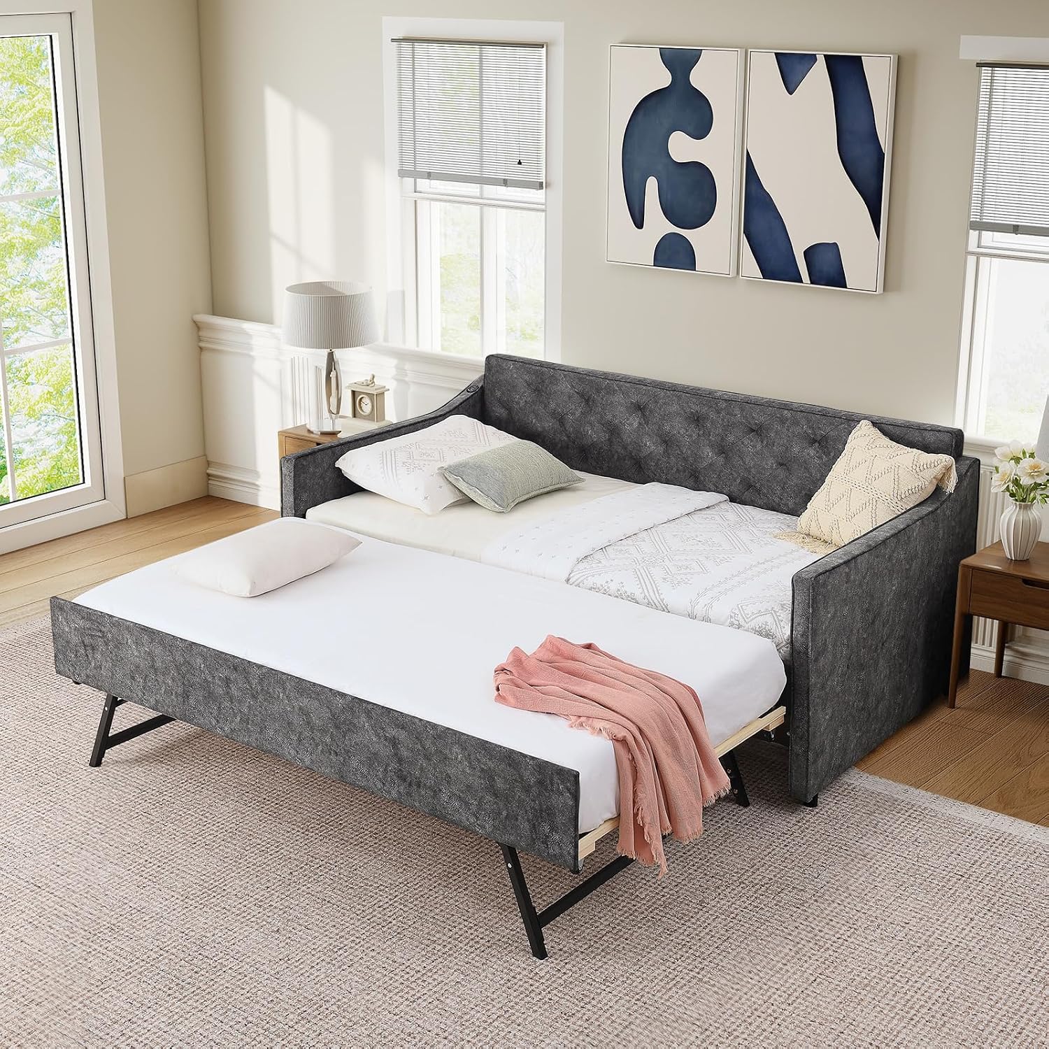 Antetek Daybed with Pop up Trundle, Fabric Upholstered Twin Size Day Bed Pull-Point Sofa Daybed Frame w/Twin Roll-Out Trundle/USB Port, Furniture for Bedroom, Living Room, Guest Room, Grey
