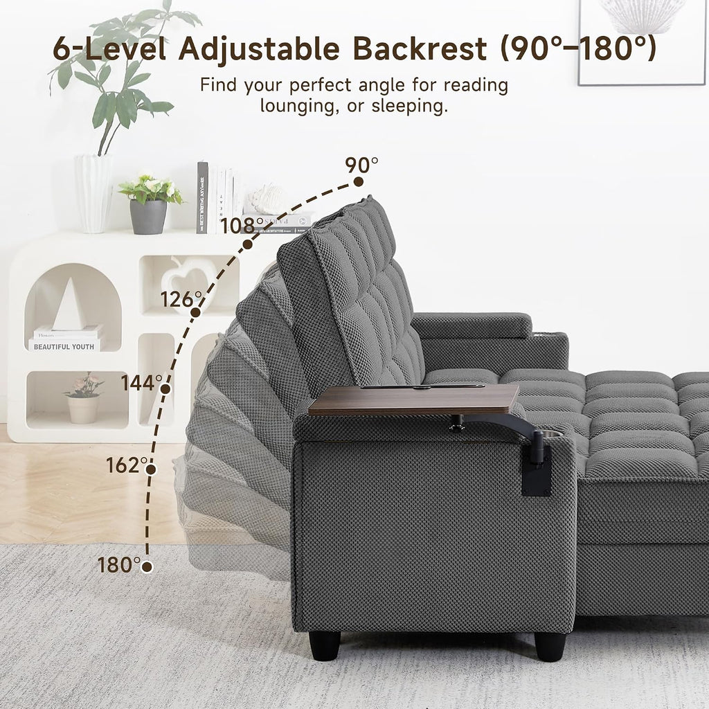 70.9' Chaise Lounge Chair Indoor, Oversized Boucle Upholstered Sofa Bed, Adjustable Backrest Deep Seat Reading Chair, Sofas Couches for Living Room with Storage, Cup Holders & 360° Swivel Side Table