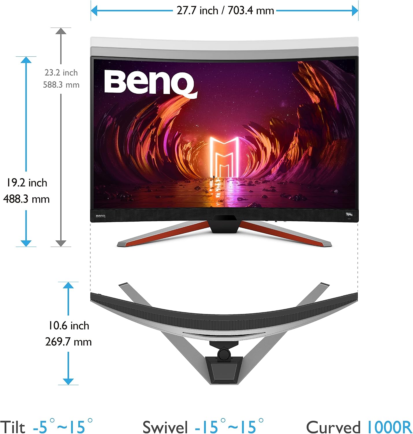 BenQ MOBIUZ EX3210R Curved Gaming Monitor 32' QHD 1440p 165Hz 1ms w/Remote | HDRi | 1000R | Color Optimizer | Freesync Premium Pro | Eye-Care | Height, Swivel & Tilt | 2.1ch w/ 5w sub | USB Hub