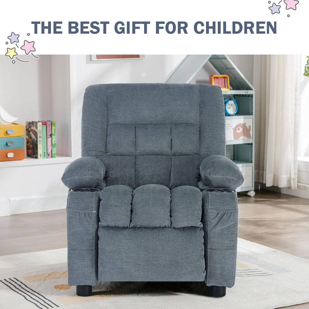BOSMILLER Kids Recliner Chair， Push Back Toddler Recliner with Cup Holders & Side Pockets， Adjustable Footrest & Headrest Kids Sofa for Boys Girls 3+ Age Group