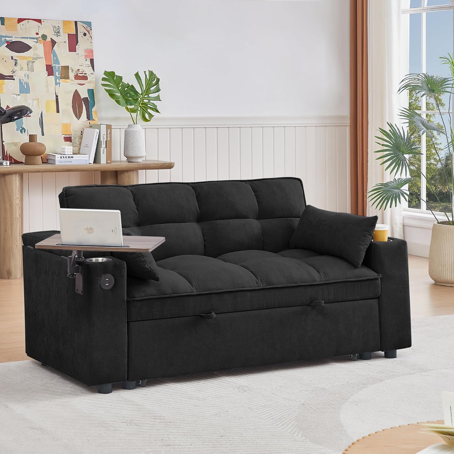 Auvsoce 65'' Convertible Sleeper Sofa Bed with Adjustable Backrest, Chaise Lounge, Side Table & USB/Type-C Ports – Stylish & Functional Addition to Any Living Room (Black)