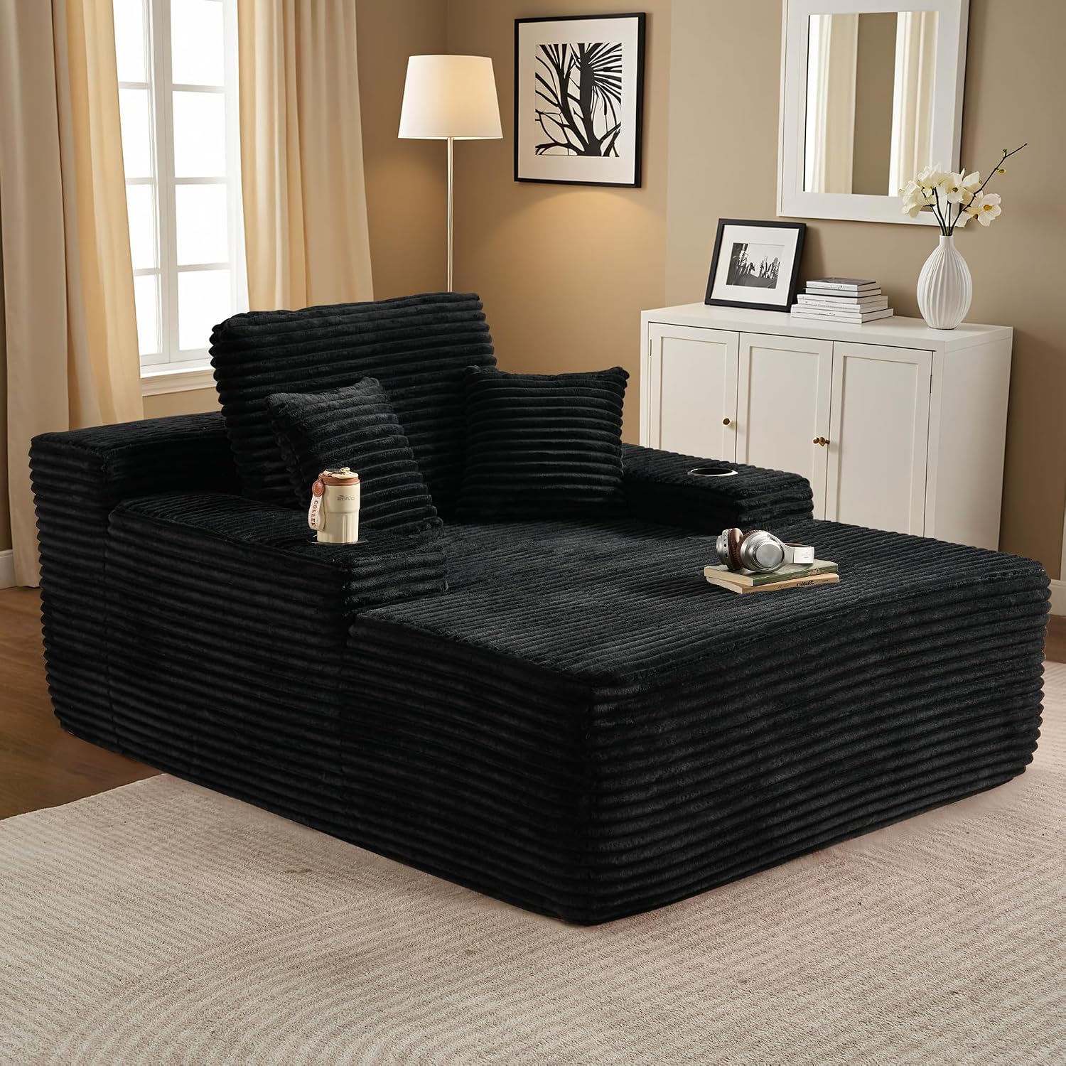 ovios 67'' Chaise Lounge Chair Indoor, Oversized Upholstered Boneless Sofa Bed with Cup Holders, Deep Seat Sleeper Couch, Plush Cloud Sofas Couches for Living Room (Faux Fur, Black)