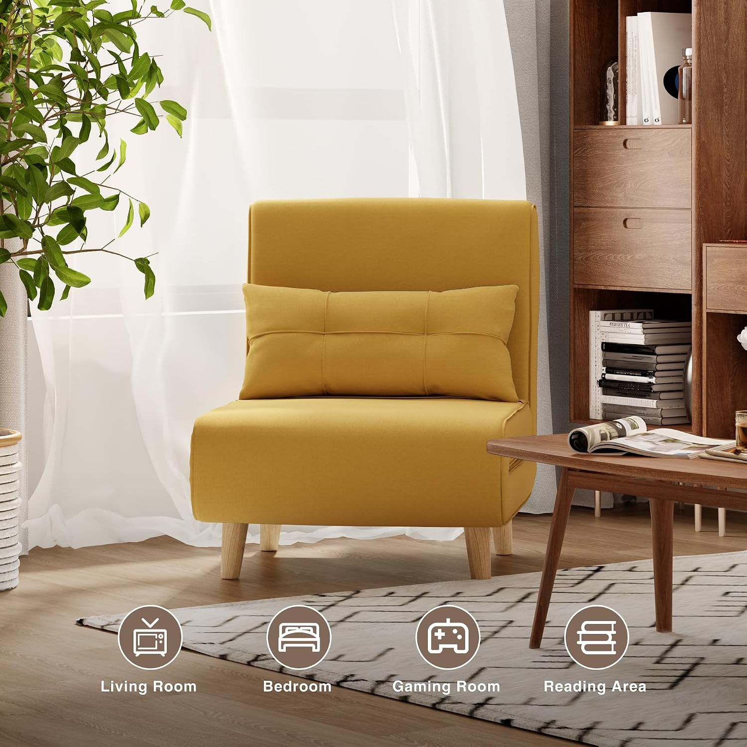 Aiho Futon Sofa Bed, 3-in-1 Convertible Sleeper Chair Bed, Futon Chair with 6-Level Adjustable Backrest and Pillow for Apartment Dorm, Office, Linen Yellow
