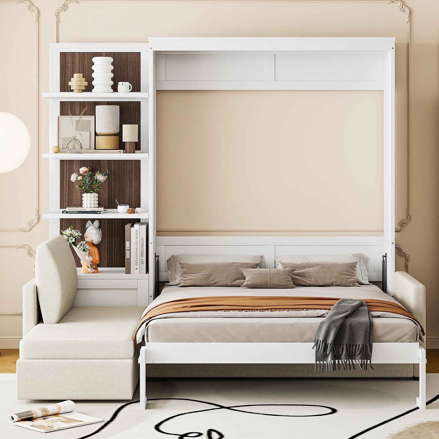 Harper & Bright Designs Queen Size Murphy Bed, Wood Queen Wall Bed with Sofa and Shelves, White