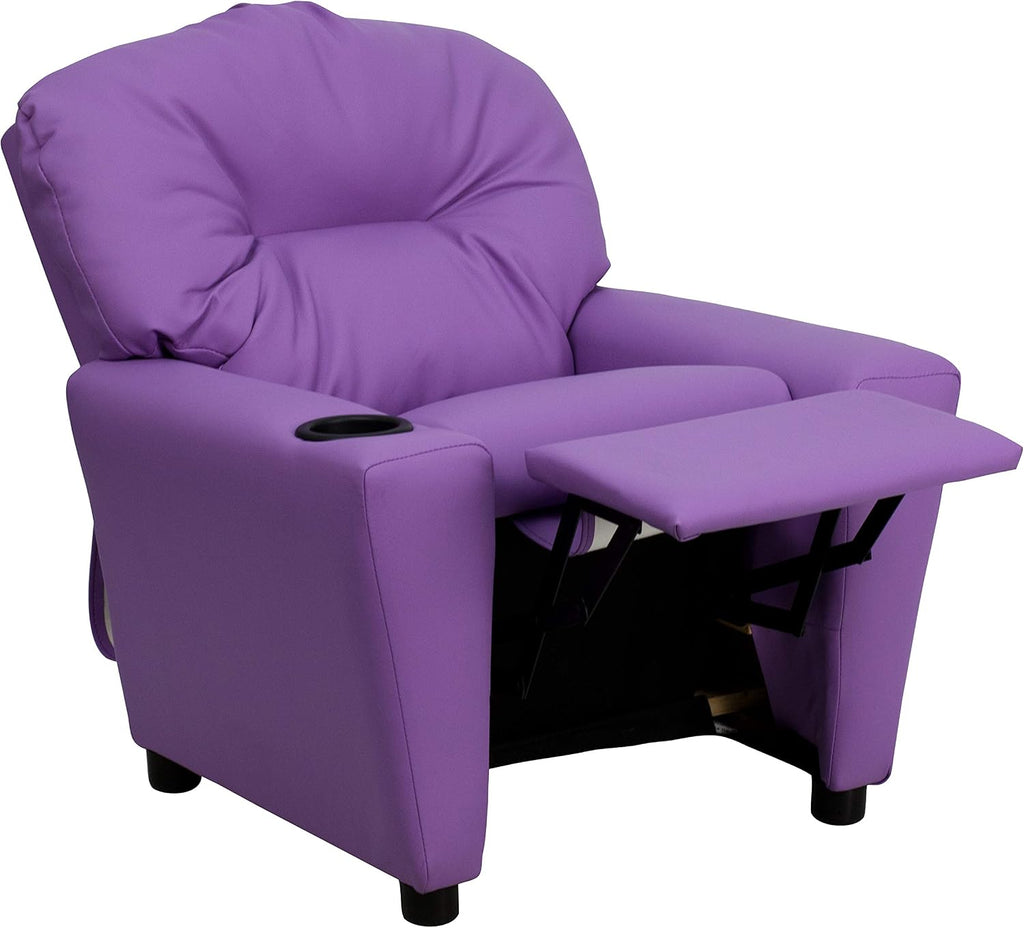 Flash Furniture Chandler Vinyl Kids Recliner with Cup Holder and Safety Recline, Contemporary Reclining Chair for Kids, Supports up to 90 lbs., Lavender