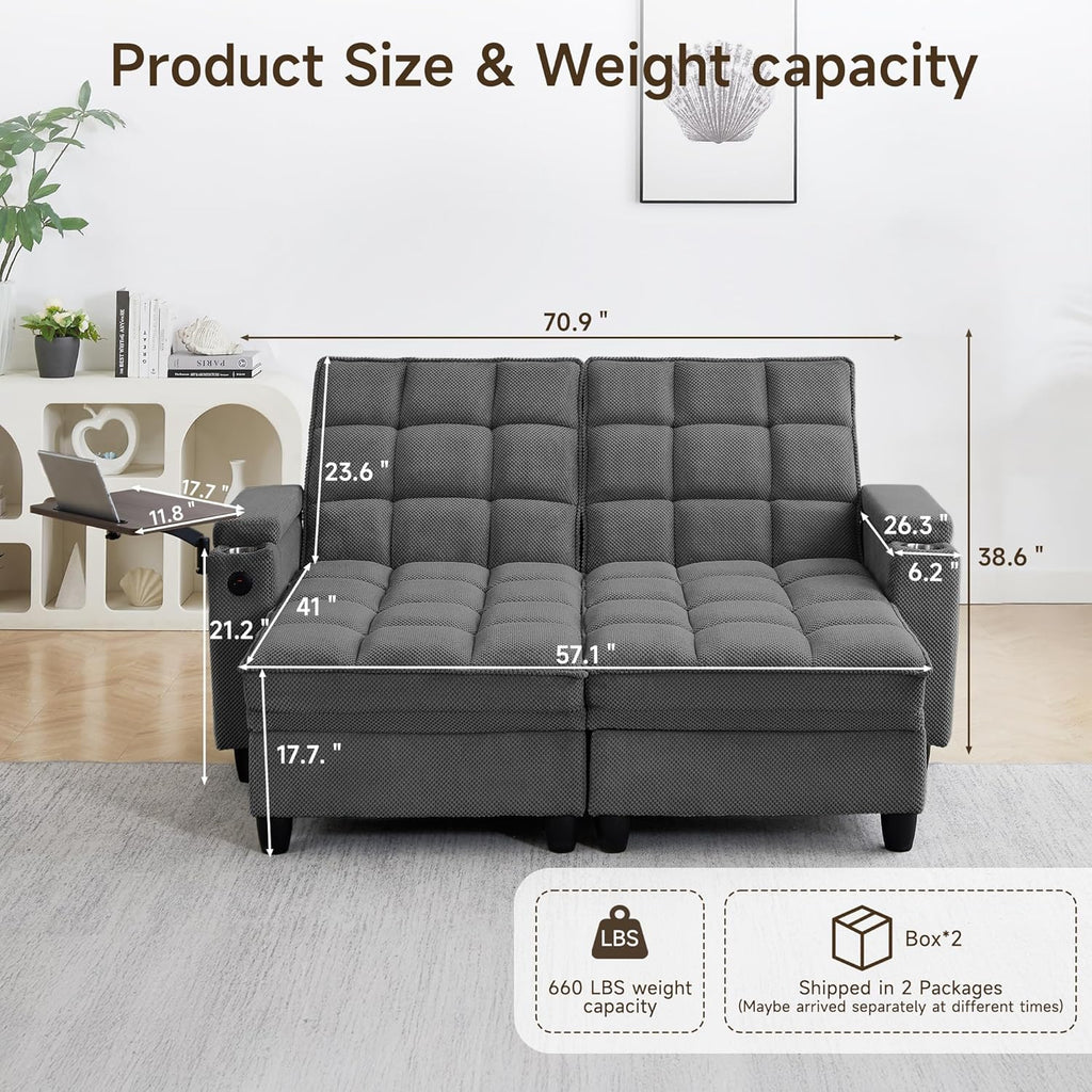 70.9'' Double Chaise Lounge with 360 degree rotatable side table, Comfy Corduroy Indoor Lounge Chair with Armrest Storage, Cup Holder, USB Port, and Pillow for Living Room or Bedroom (dark gray)