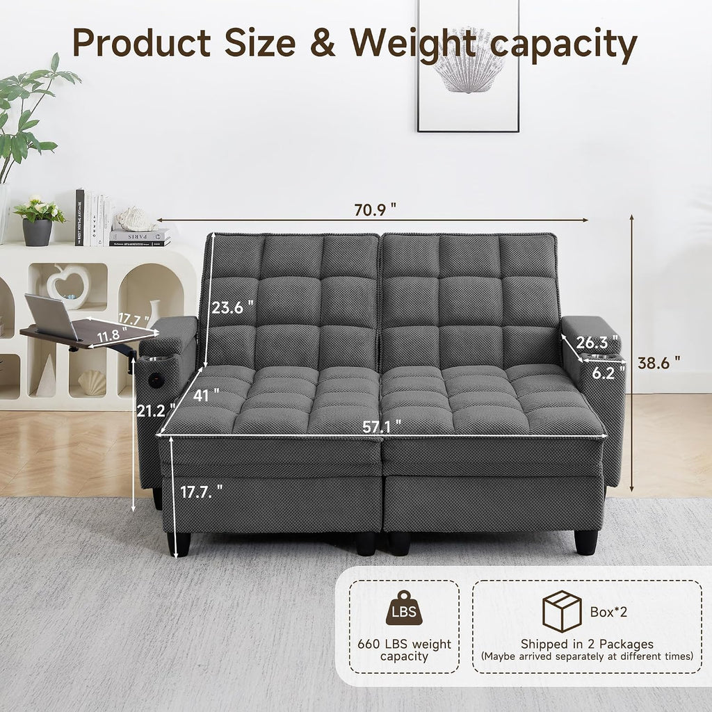 70.9' Chaise Lounge Chair Indoor, Oversized Boucle Upholstered Sofa Bed, Adjustable Backrest Deep Seat Reading Chair, Sofas Couches for Living Room with Storage, Cup Holders & 360° Swivel Side Table