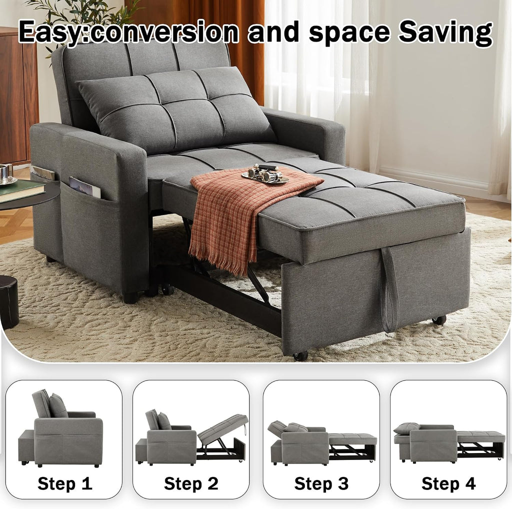 Yosonch Sofa Bed Chair Convertible ，Sleeper Sofa with Pull-Out Bed ，3-in-1 Futon Couch with Reclining Backrest and Side Pocket (Dark Grey, 35.6')