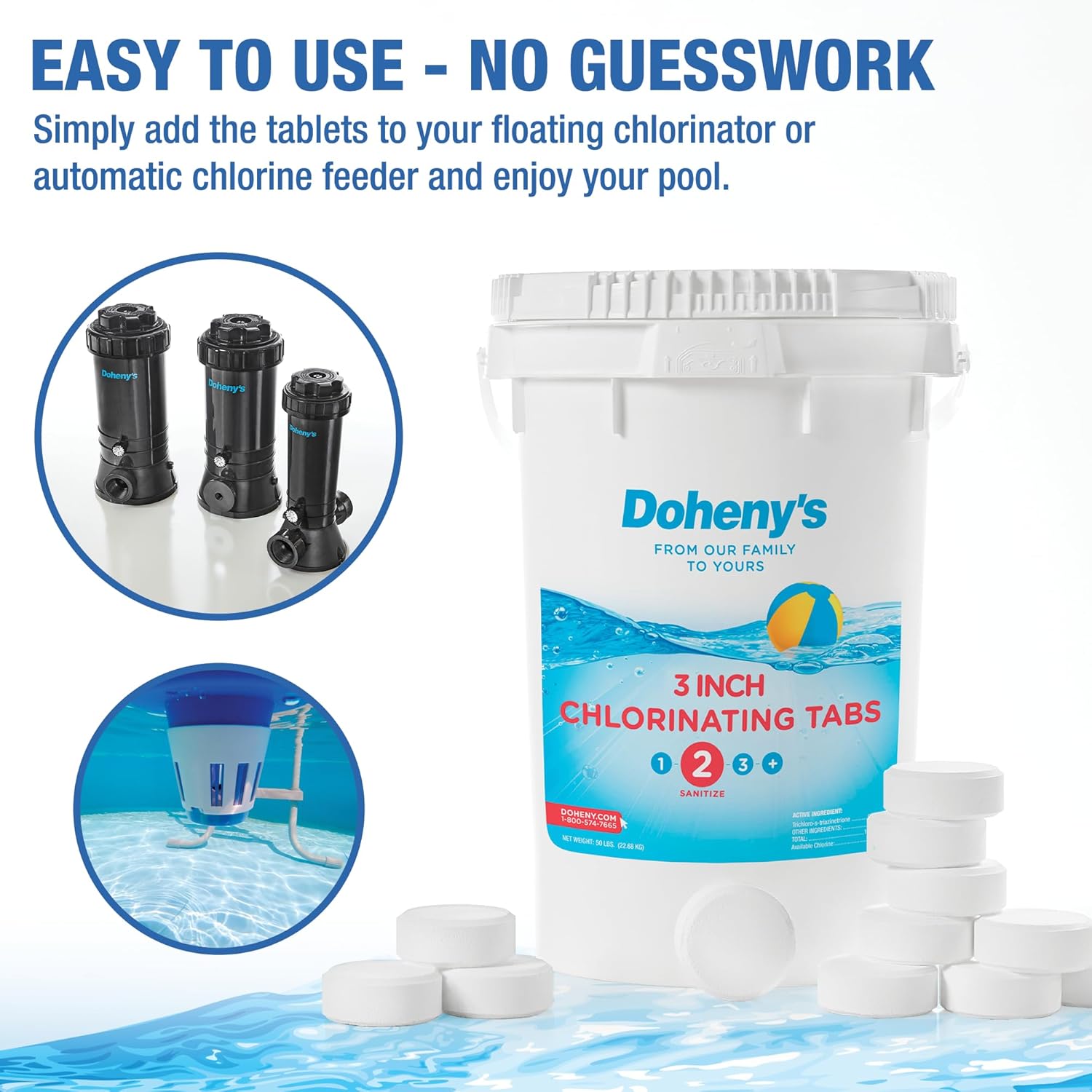 Doheny's 3-Inch Stabilized Chlorine Tablets for Sanitizing Swimming Pools | 99% Pure Tri-Chlor, 90% Available Chlorine | Long-Lasting, UV-Protected, Slow-Dissolving | Individually Wrapped 50lb Bucket