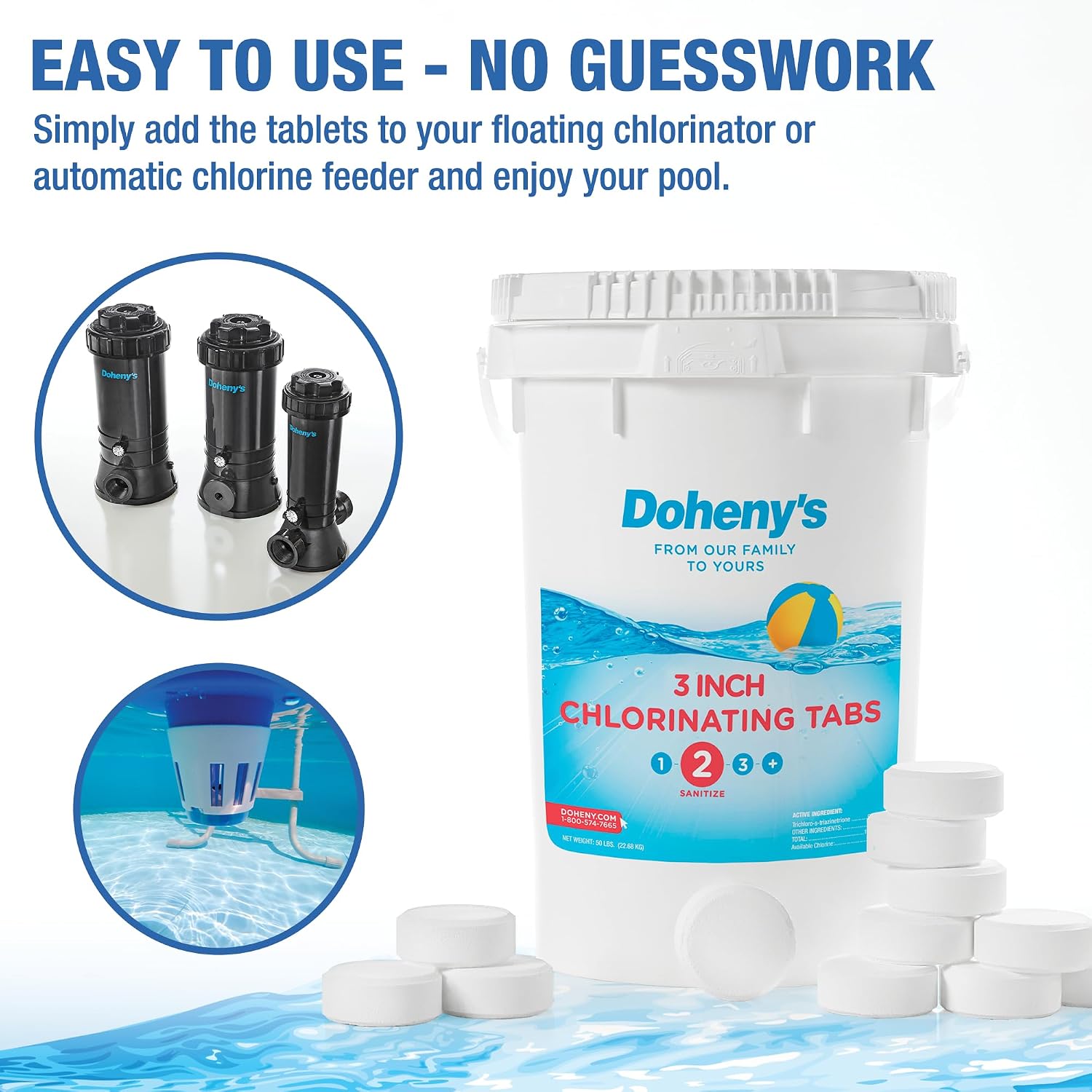 Doheny's 3-Inch Stabilized Chlorine Tablets for Sanitizing Swimming Pools | 99% Pure Tri-Chlor, 90% Available Chlorine | Long-Lasting, UV-Protected, Slow-Dissolving | Individually Wrapped 100lb Bucket