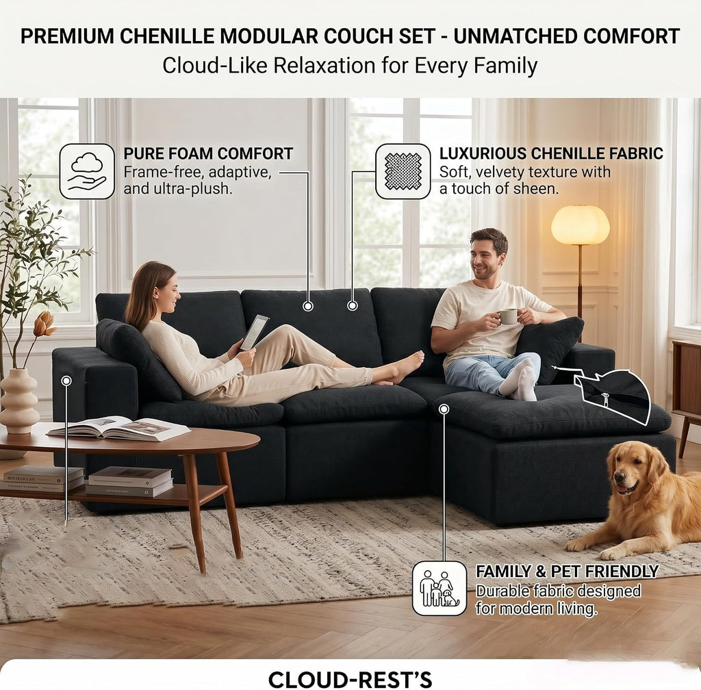 106' Boneless Cloud Couch, L Shaped Modular Sectional Couch, Memory Foam Living Room Sofa in a Box, Chenille Fabric No Assembly Required, Modern Luxury Oversized Plush Double-Layer Cushion