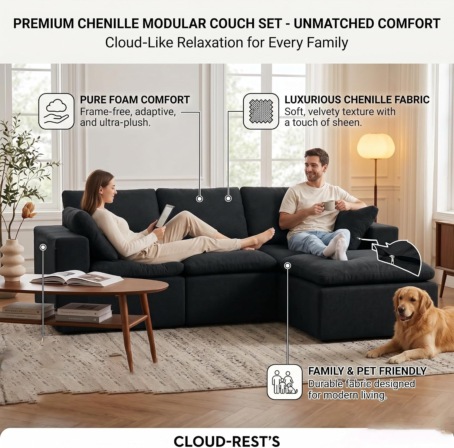 106' Boneless Cloud Couch, L Shaped Modular Sectional Couch, Memory Foam Living Room Sofa in a Box, Chenille Fabric No Assembly Required, Modern Luxury Oversized Plush Double-Layer Cushion