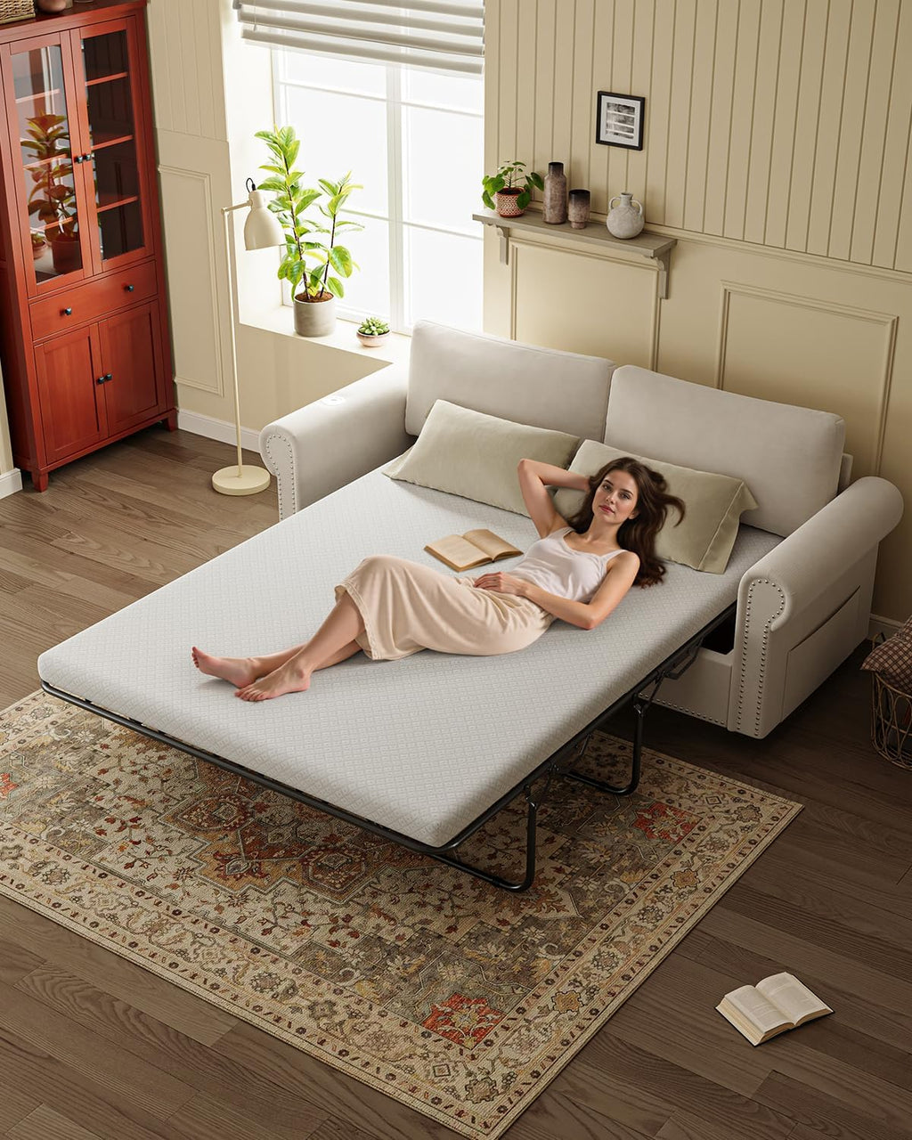 Queen Pull Out Sofa Bed | 83' Large Sleeper Sofa with Queen Size Mattress | 2-in-1 Convertible Loveseat Sofa-Bed with USB Ports Side Pockets Ivory White