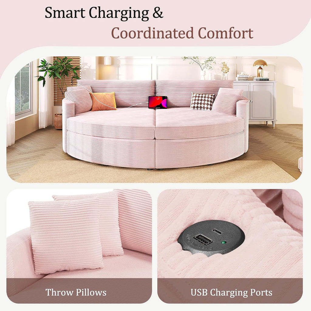 Merax 102.3' Oversized Double Chaise Lounge Indoor, Comfy Corduroy Upholstered Loveseat Sleeper Sofa Bed, Deep Seat Cloud Couch with USB Ports and Throw Pillows for Living Room, Pink