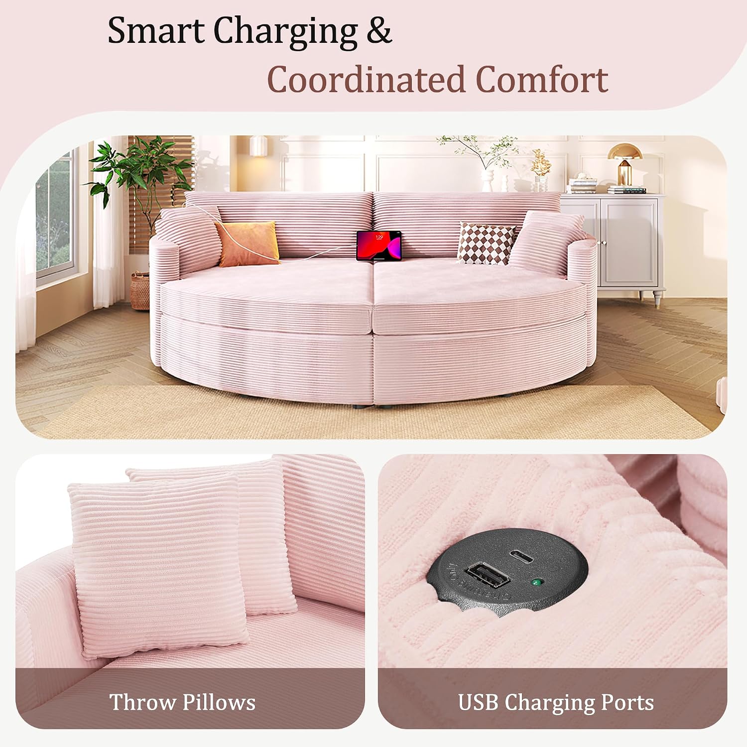 Merax 102.3' Oversized Double Chaise Lounge Indoor, Comfy Corduroy Upholstered Loveseat Sleeper Sofa Bed, Deep Seat Cloud Couch with USB Ports and Throw Pillows for Living Room, Pink