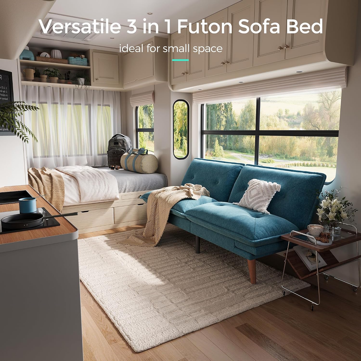 LINSY HOME Futon Sofa Bed, 70' Chenille Futon Couch with Adjustable Backrest Armrest, 3 in 1 Convertible Comfy Loveseat Sleeper Sofa Bed for Small Spaces Dorm Room Apartment Home Office, Blue