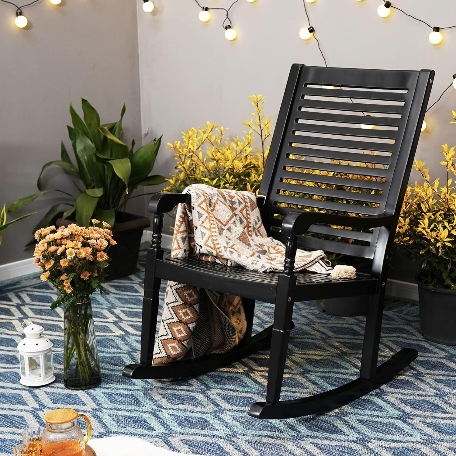 Sophia & William Outdoor Wood Rocking Chairs Set of 2 Black, Patio Rocking Chair for Porch, Patio, Garden, Lawn, Balcony, Backyard and Indoor, 2 Pack