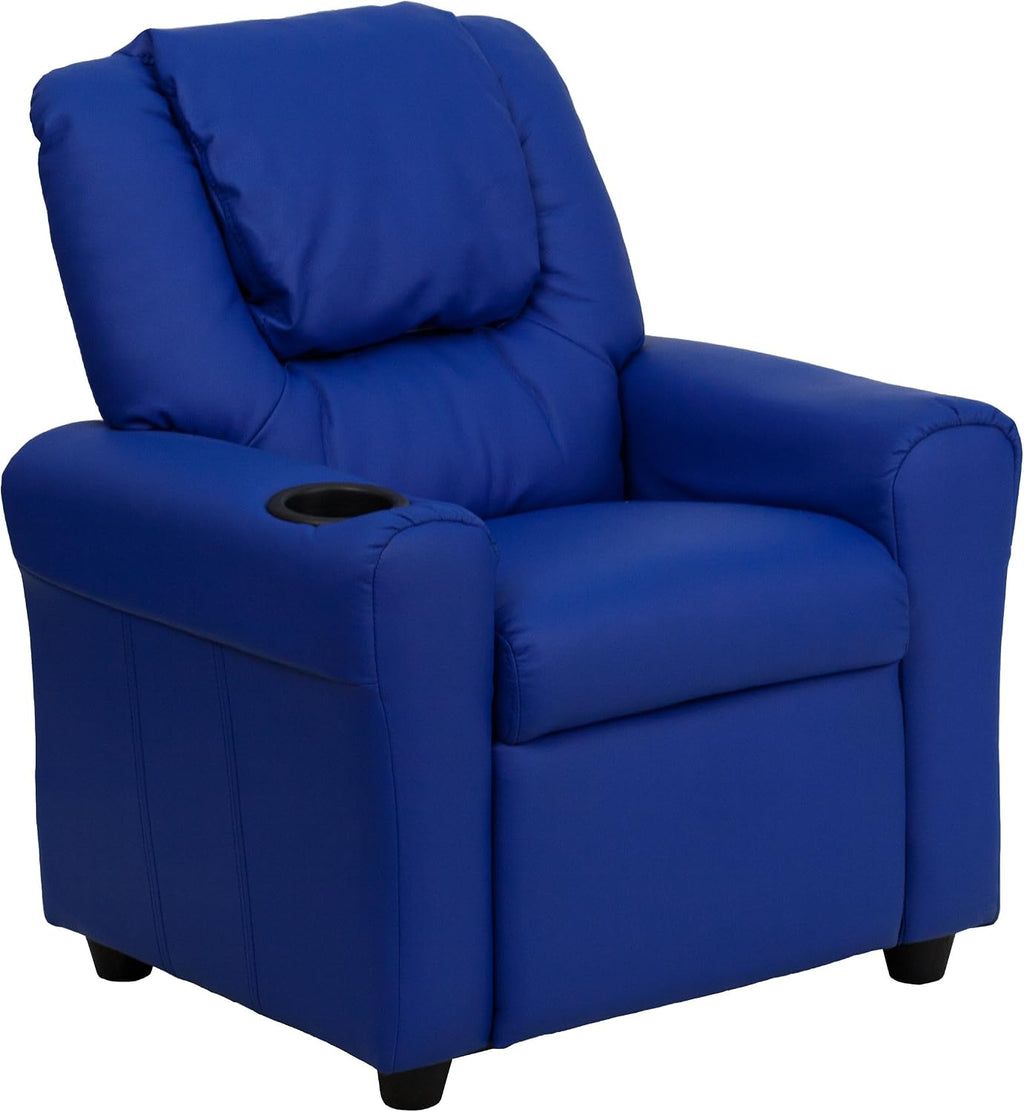 EMMA + OLIVER Blue Vinyl Kids Recliner with Cup Holder and Headrest