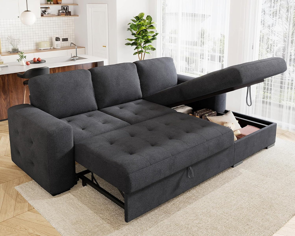 VanAcc 96' Sleeper Sofa, Sofa Bed Couch with Storage Chaise, Sleeper Couch with Pull Out Bed for Living Room(Grey)