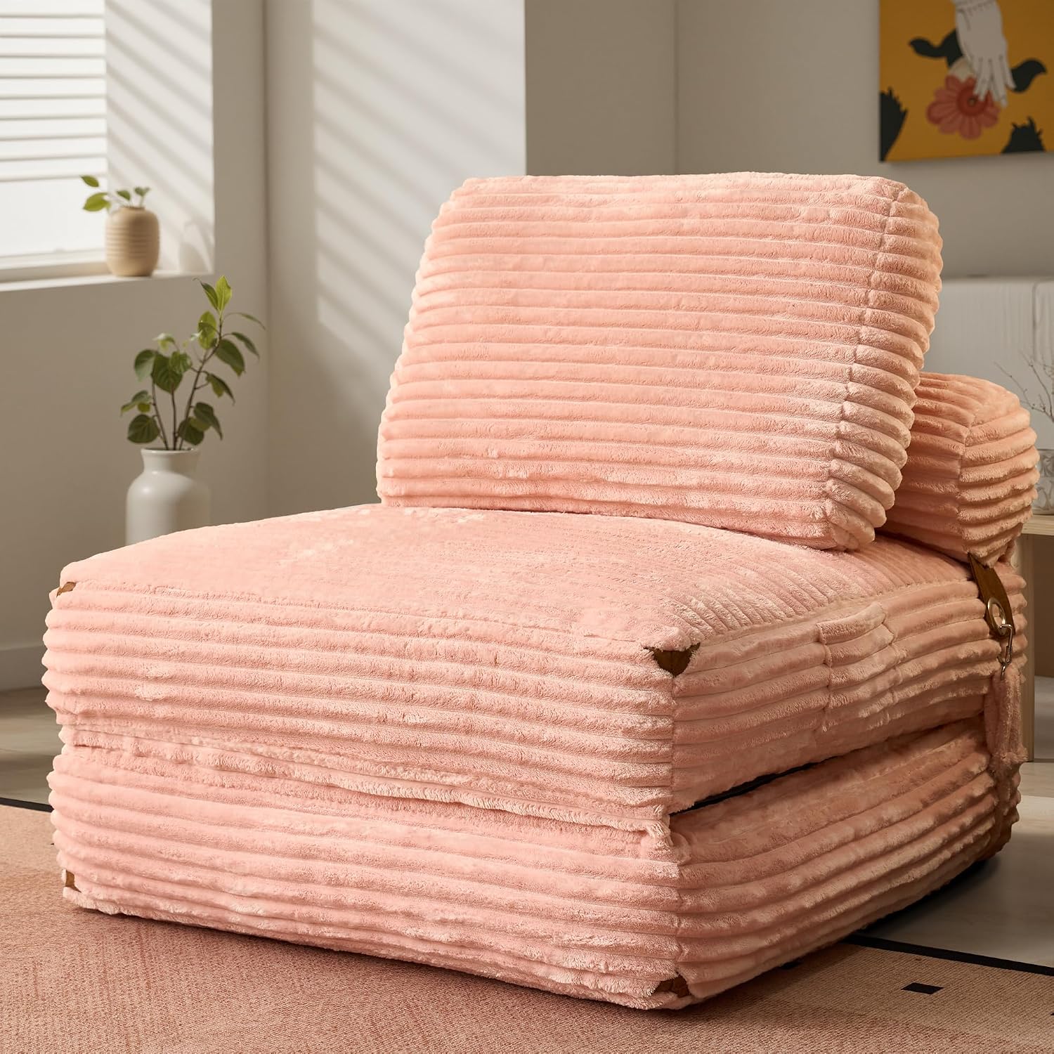 ovios Folding Sofa Bed, Foldable Sleeper Chair Floor Futon, Comfy Portable Convertible Fold Out Lounge Chairs for Living Room Bedroom, Pink