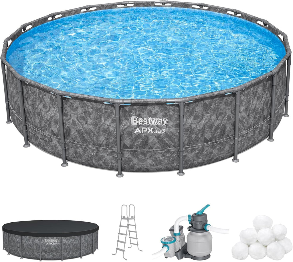 Bestway APX 365 18' x 52' Above Ground Pool, Round Metal Frame Outdoor Swimming Pool Set with Sand Filter Pump, Ladder, and Cover, Dark Marble
