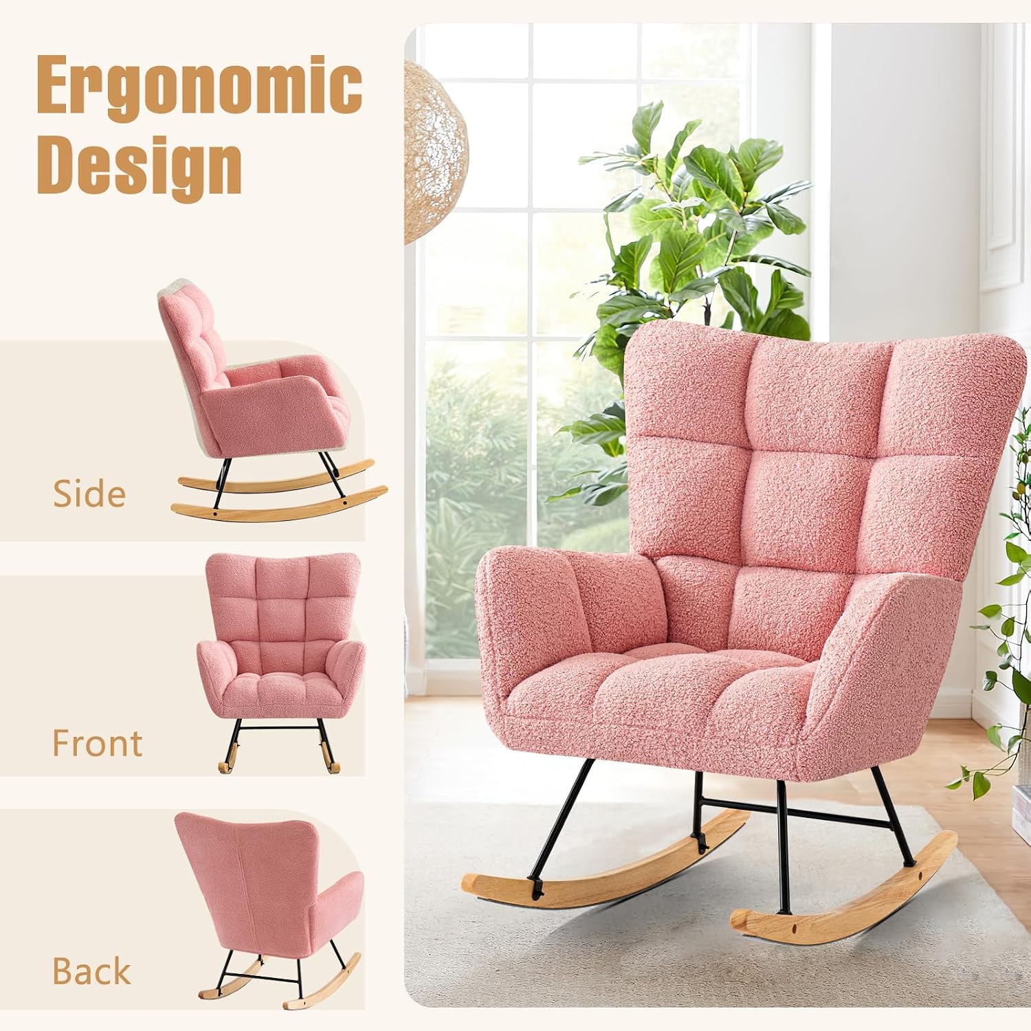 Furniliving Nursery Rocking Chair Upholstered Glider Rocking Chair Modern Accent Chair Padded Seat Reading Chair with High Backrest Comfy Chair for Living Room, Bedroom, Nursery, Pink, Teddy, 2
