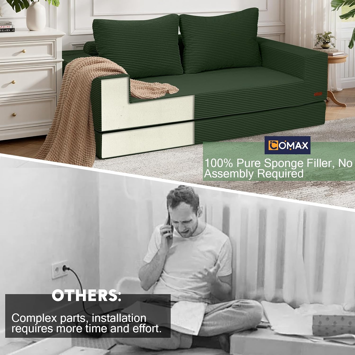 COMAX Convertible Sofa Bed Queen, Corduroy Folding Floor Couch Pull Out Couch Bed Futon Sleeper with Pillows, Fold Out Boneless Sofa Comfy Lounge Mattress Loveseat for Living Room Bedroom, Green