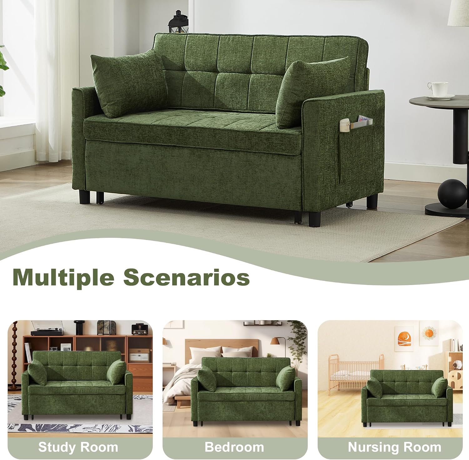 Tbfit 57' Loveseat Sleeper Convertible Sofa Bed, Futon Couch with Pullout Bed, USB & Adjustable Backrest, Chenille Queen Size Pull Out Couches for Living Room, Apartment, Office, Dorm, RV, Green