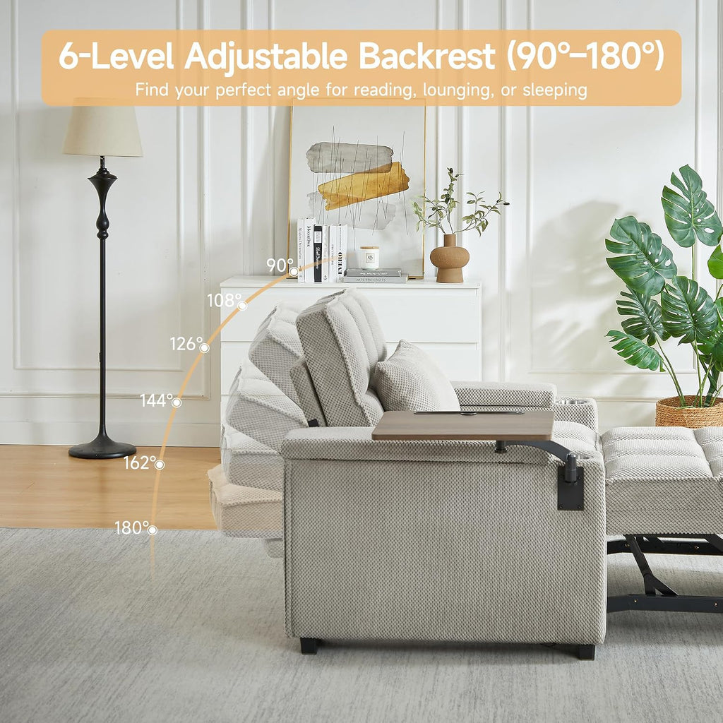 oaaktu Large Size Convertible Sleeper Chair Futon Sofa Bed, Comfortable Thick Cushion Single Sleeper Sofa Handheld Storage and Adjustable Backrest | Reading Chair with Rotating Small Table (Khaki)