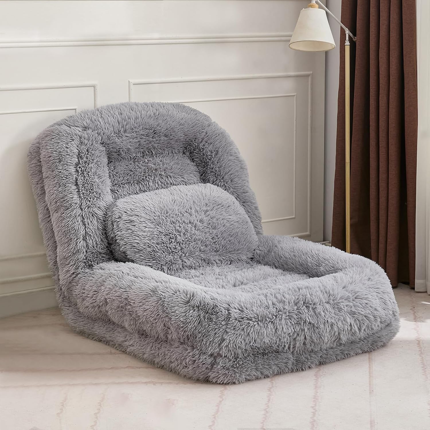 Upholstered Human Dog Bed for Adult & Pets, Convertible Lazy Sofa Bed with 5 Adjustable Position, Comfy Tatami Bean Bag Lounge Chair with a Soft Pillow for Bedroom Living Room (Light Gray Fluffy)