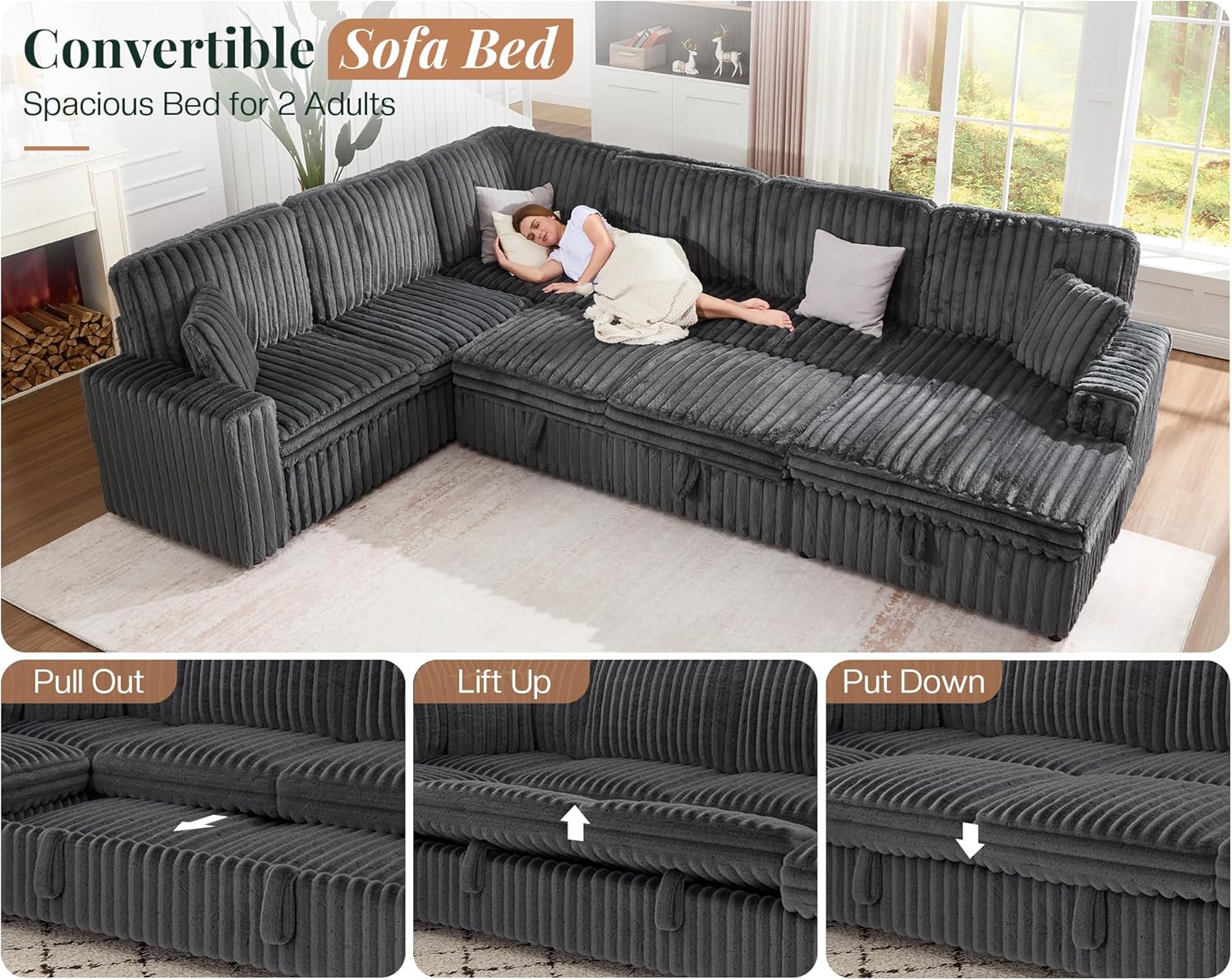 Jocisland 130' Sofa Bed, Sleeper Sofa, Pull Out Sleeper Couch with Storage, Convertible 6-Seater Sofa Bed for Living Room, Faux Fur Dark Grey