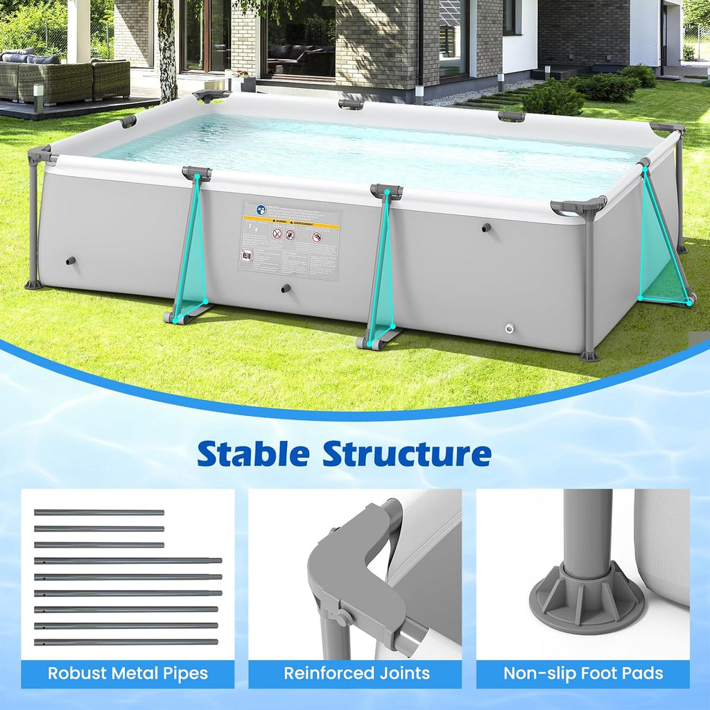 GYMAX 10' x 6.8' x 26' Metal Frame Above Ground Swimming Pool, Outdoor Backyard Famliy Pool w/Puncture-Resistant Fabric, Drainage Valve Connector for Kids & Adults (10' x 6.8' x 26', Rectangle, Grey)