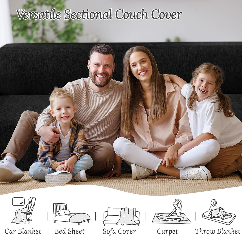 HDCAXKJ Corner Sectional Couch Covers for Dogs L Shape Sofa Cover with Tassel Chenille Soft Non Slip U Shaped Couch Cover Blanket Washable Sofa Slipcovers Protector (Charcoal Black, 91x252 inch)