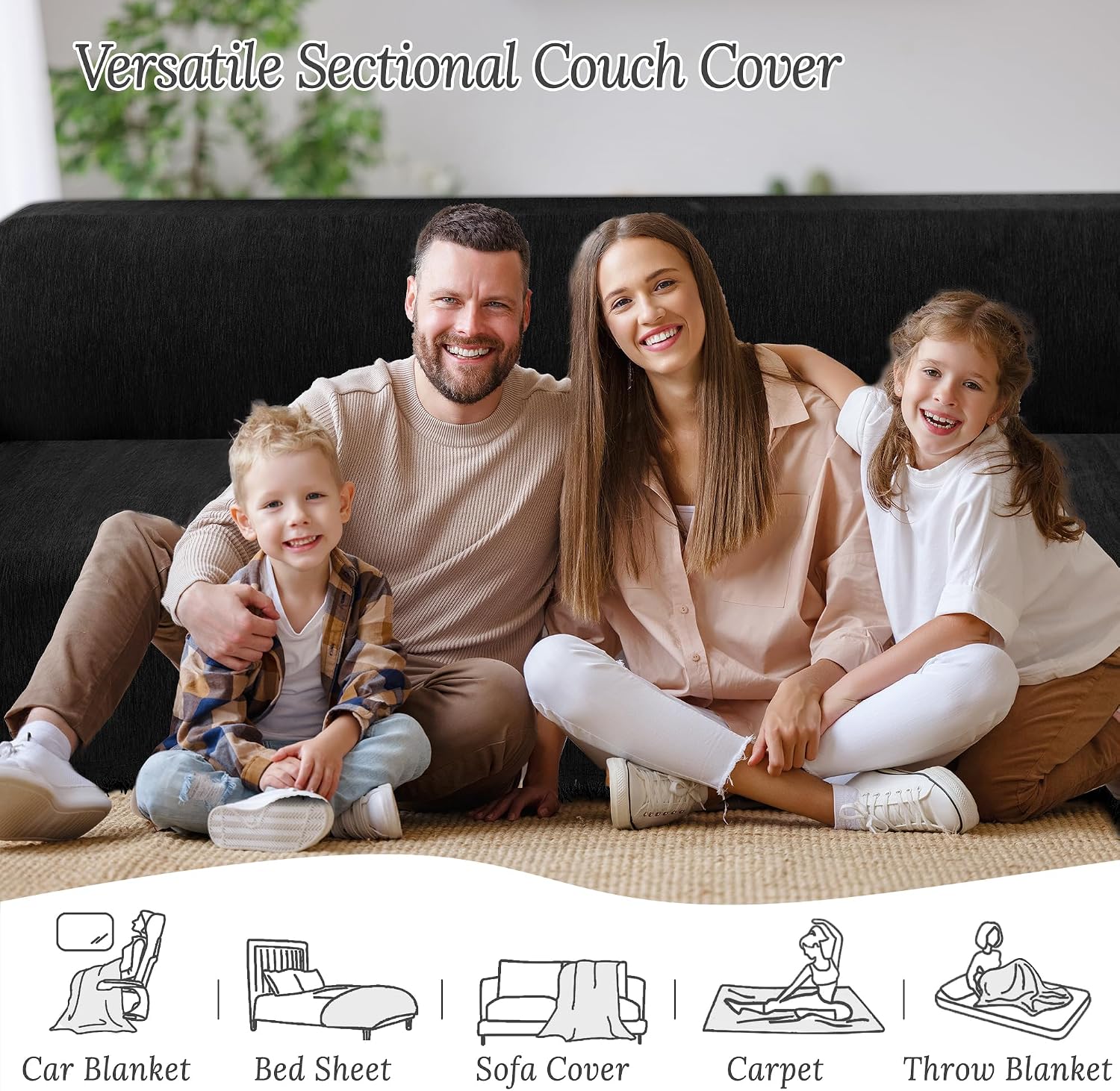 HDCAXKJ Corner Sectional Couch Covers for Dogs L Shape Sofa Cover with Tassel Chenille Soft Non Slip U Shaped Couch Cover Blanket Washable Sofa Slipcovers Protector (Charcoal Black, 91x252 inch)