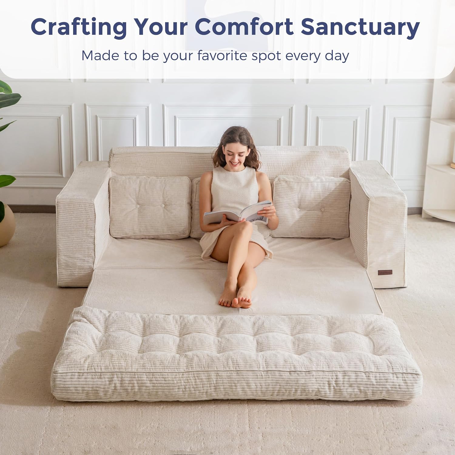 MAXYOYO Convertible Sofa Bed, Pull Out Oversized Loveseat Sleeper Sofa, 2 in 1 Folding Couch Bed, Fold Out Floor Couch with Pillows for Living Room Bedroom Lounge, Beige