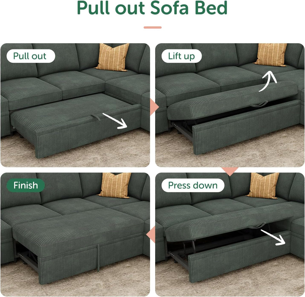 HONBAY Modular Sectional Pull Out Couch Bed, Corduroy Sleeper Sofa with Storage Seats, Oversized U Shaped Sectional Couches for Living Room, Green