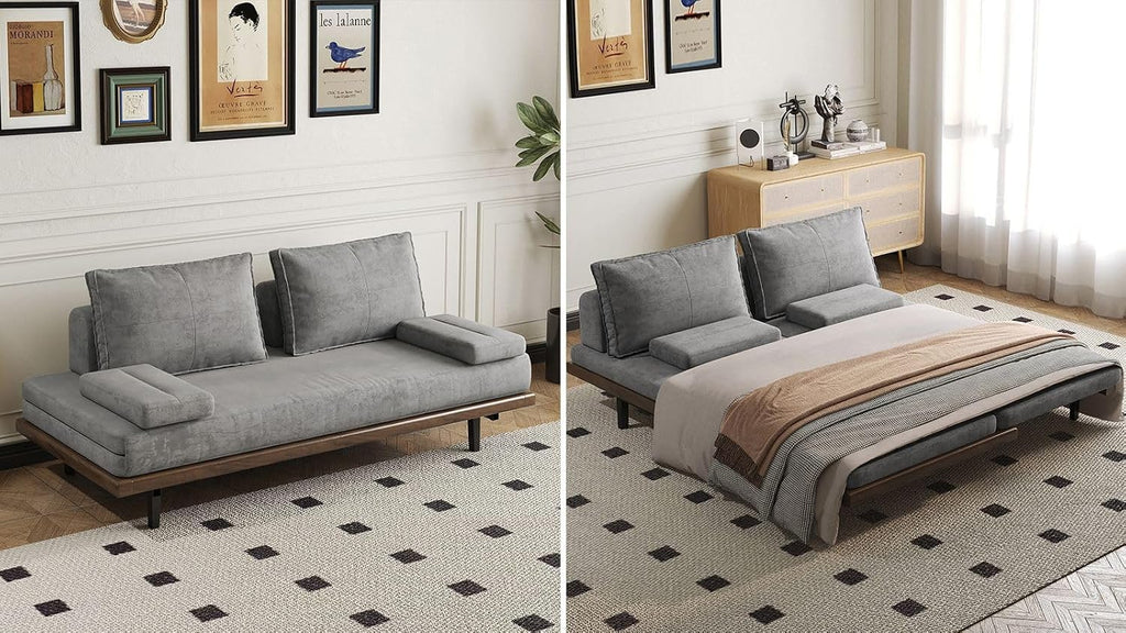 homary Modern Pull Out Sofa Bed Khaki Sleeper Sofa 78.7'' Mid Century Wood Convertible Sofa with Pull Out Bed Cotton & Linen (Gray)