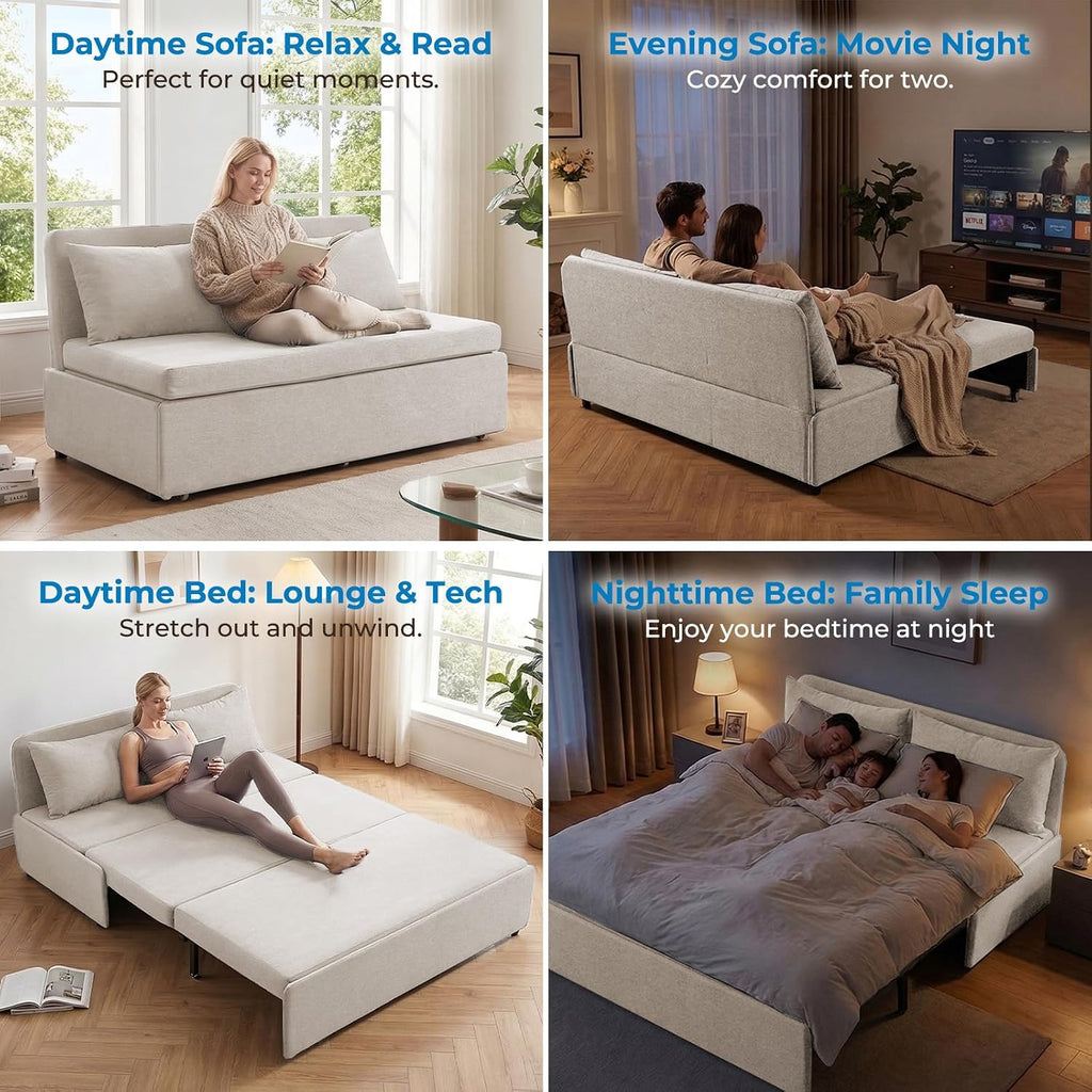 Mjkone 62' Width Pull Out Sleeper Sofa Bed Queen Size, 2-in-1 Modern Convertible Linen Sofa Sleeper Pull Out Couch Bed with Cushions & Throw Pillows for Living Room Home Office Small Place, Beige