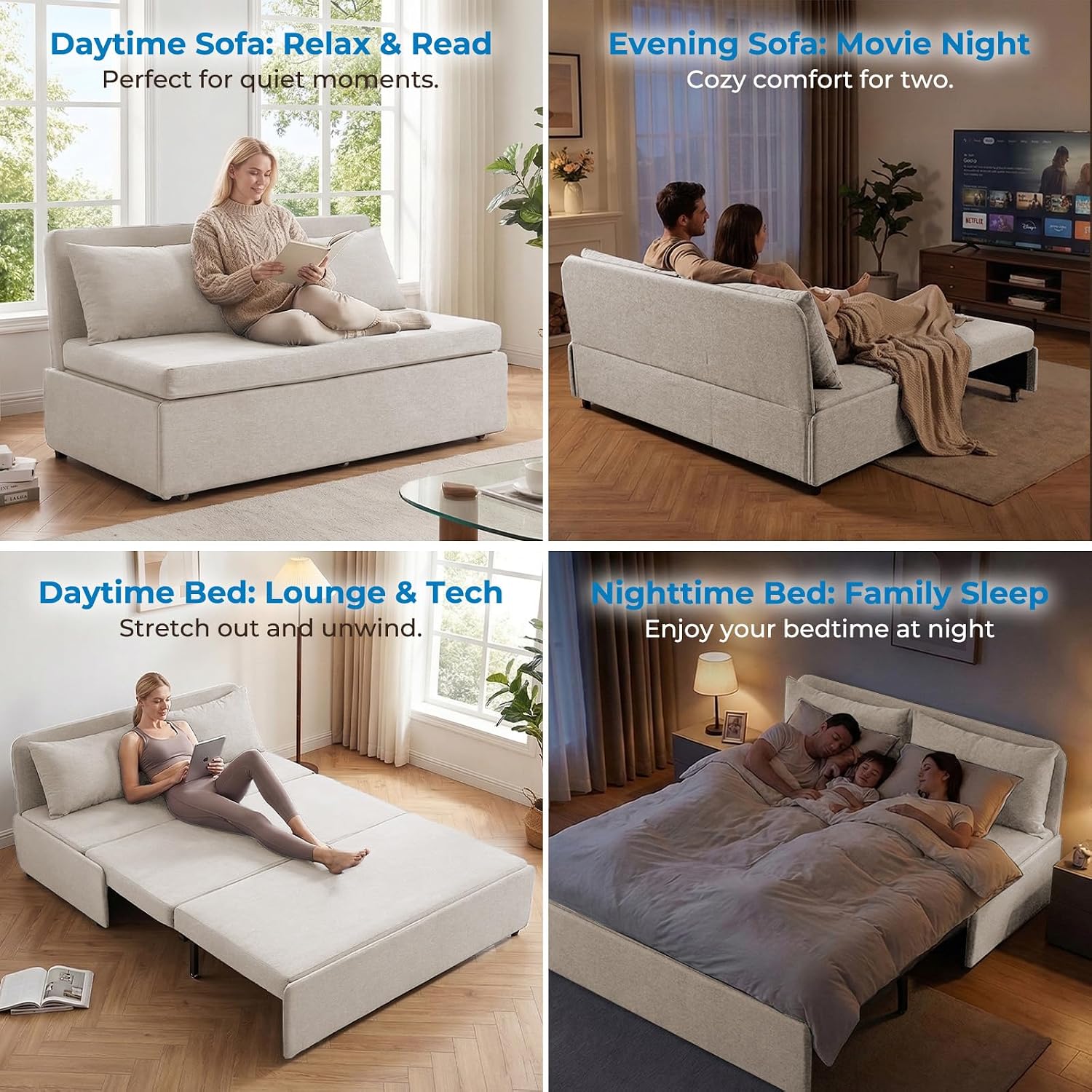 Mjkone 62' Width Pull Out Sleeper Sofa Bed Queen Size, 2-in-1 Modern Convertible Linen Sofa Sleeper Pull Out Couch Bed with Cushions & Throw Pillows for Living Room Home Office Small Place, Beige