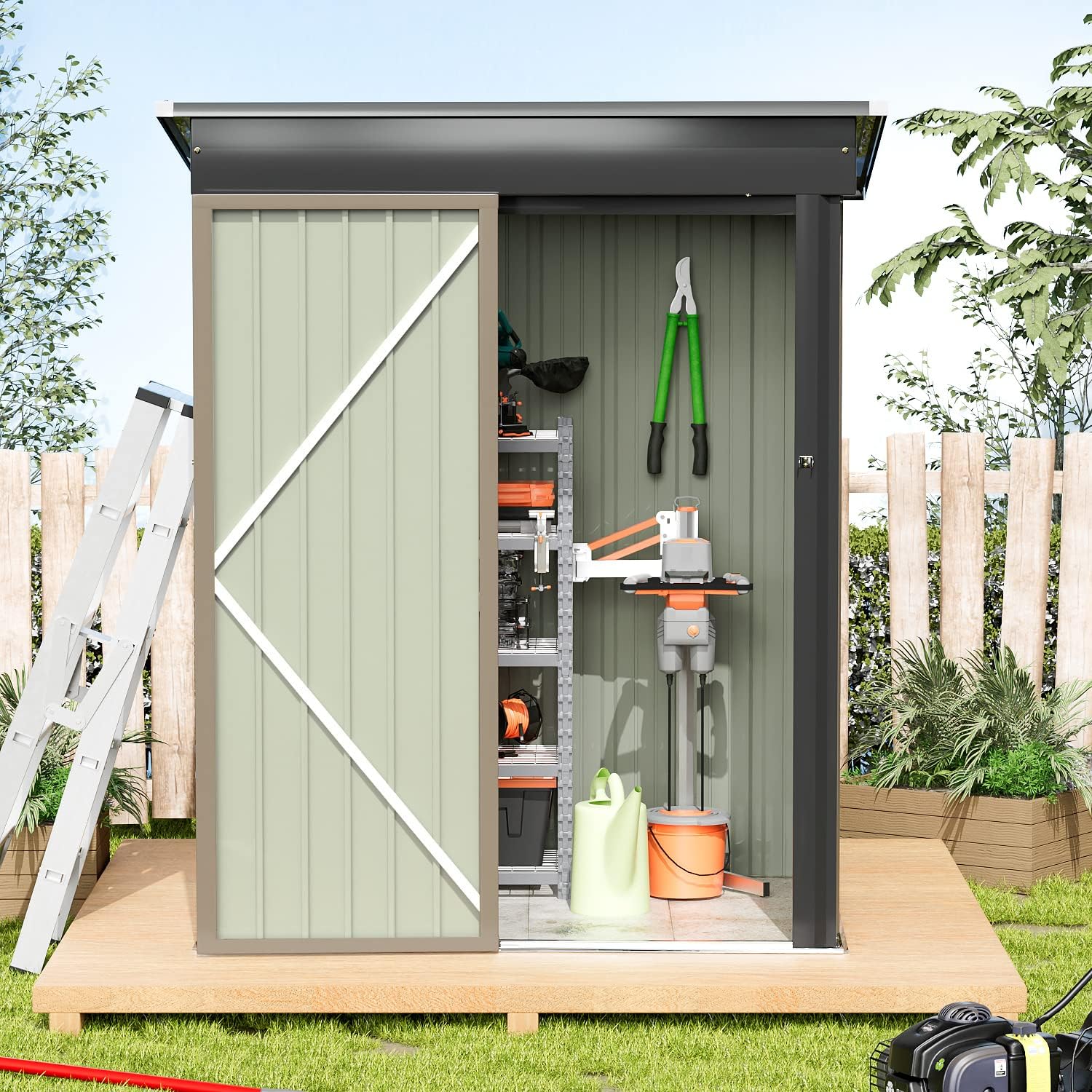 Greesum Metal Outdoor Storage Shed 5FT x 3FT, Steel Utility Tool Shed Storage House with Door & Lock, Metal Sheds Outdoor Storage for Backyard Garden Patio Lawn (5' x 3'), Light Brown