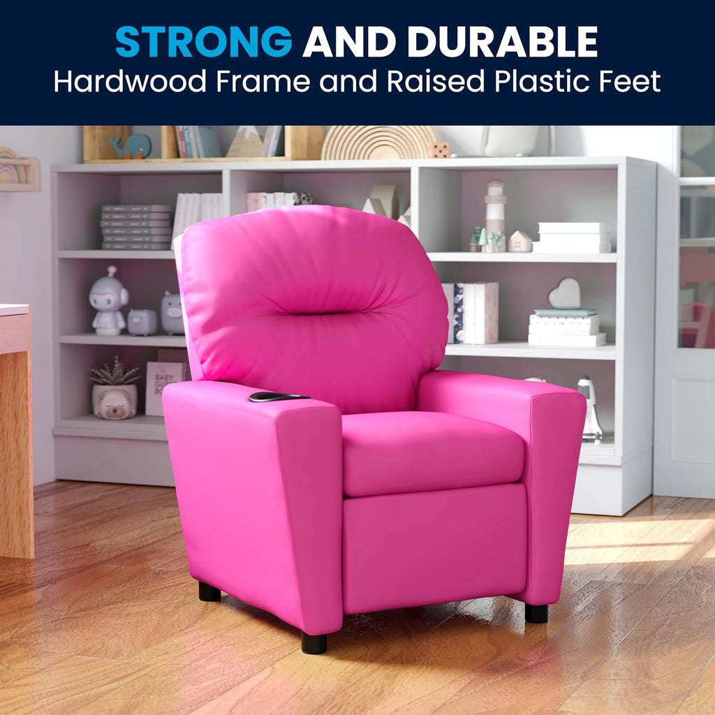 Flash Furniture Chandler Vinyl Kids Recliner with Cup Holder and Safety Recline, Contemporary Reclining Chair for Kids, Supports up to 90 lbs., Hot Pink