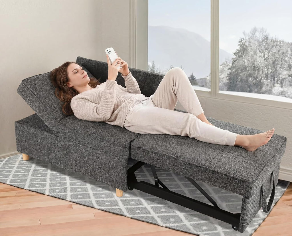 SEJOV Sofa Bed 4-in-1 Convertible Sofas & Couches, 3-Seat Linen Fabric loveseat Sofa with 2 Throw Pillow, Single Recliner for Small Space with 5 Adjustable Backrest, Dark Grey