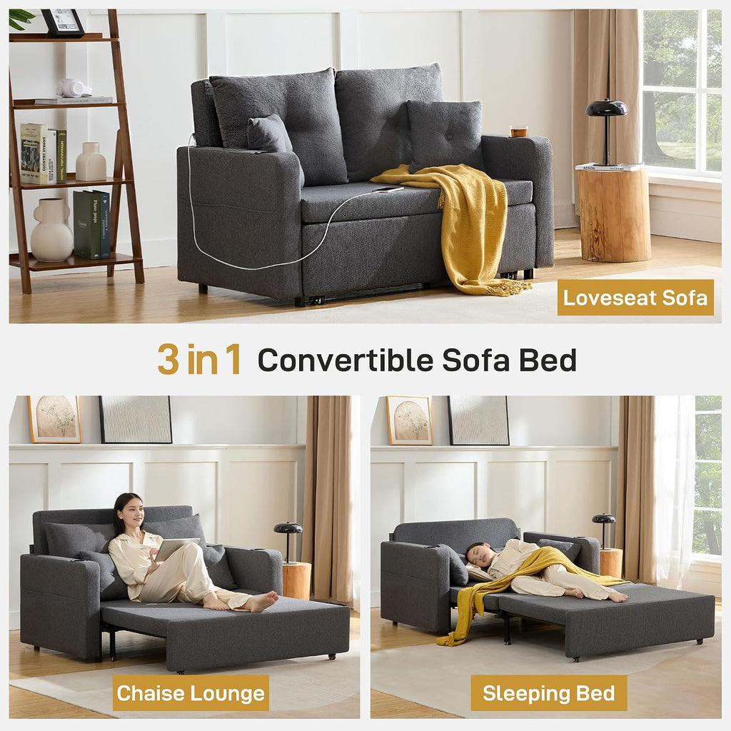 Busaurus 3 in 1 Convertible Sofa Bed, 56' Full Size Loveseat Sleeper Sofa Couch Bed, Sleeper Sofa Bed with Storage Pocket, USB, Comfy Pull Out Sofa Bed for Living Room, Bedroom, Small Space, Dark Grey