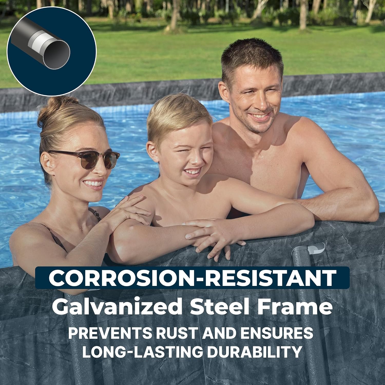 Bestway APX 365 24' x 12' x 52' Above Ground Pool, Rectangular Metal Frame Outdoor Swimming Pool Set with Sand Filter Pump, Ladder, and Cover, Dark Marble