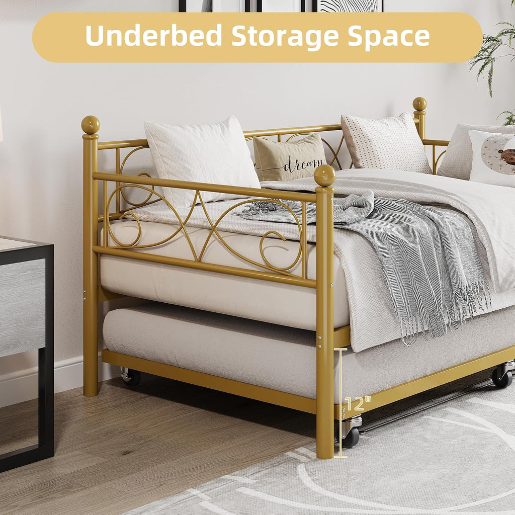 IDEALHOUSE Twin Daybed with Trundle, Metal Trundle Bed, Sofa Bed Frame, Heavy Duty Metal Slats, for Living Room, Bedroom, Guest Room, Space Saving, Gold